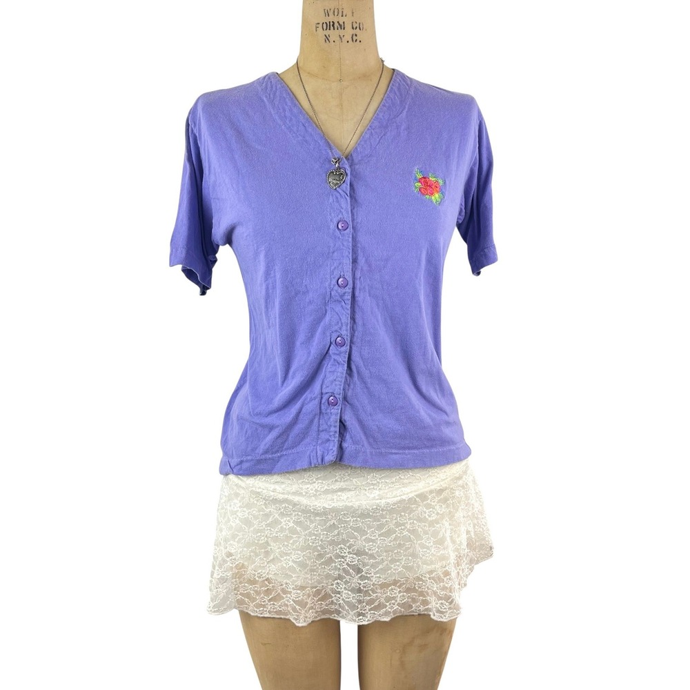 Vtg Cottagecore Cardigan Button Up Short Sleeve Top Rose Embroidered Sz M Dainty